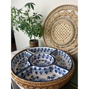 Vintage Blue & White Ceramic Divided Serving Dish Set in Wicker Basket w/ Lid
